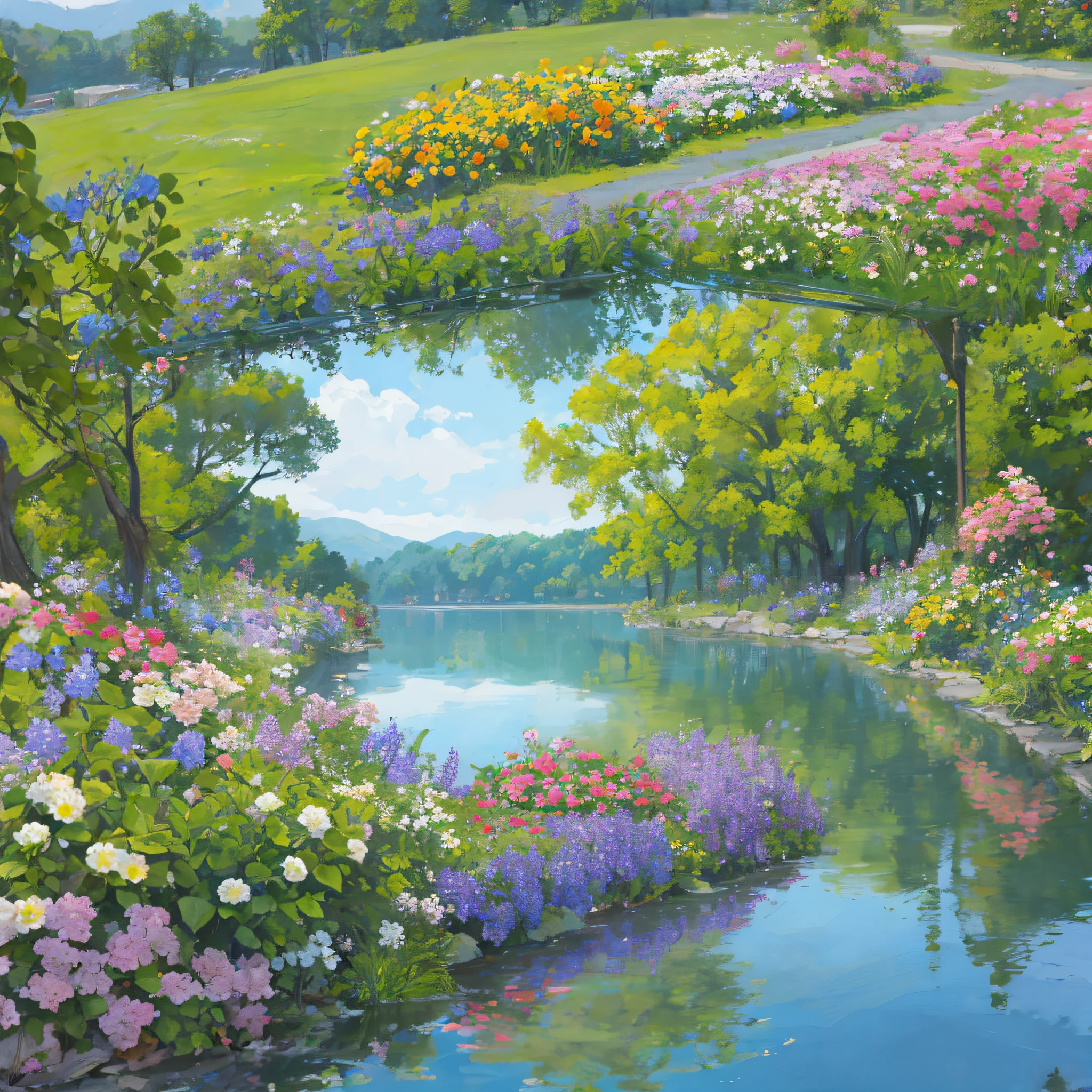 flowers,garden,lake