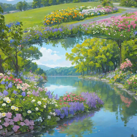 flowers,garden,lake