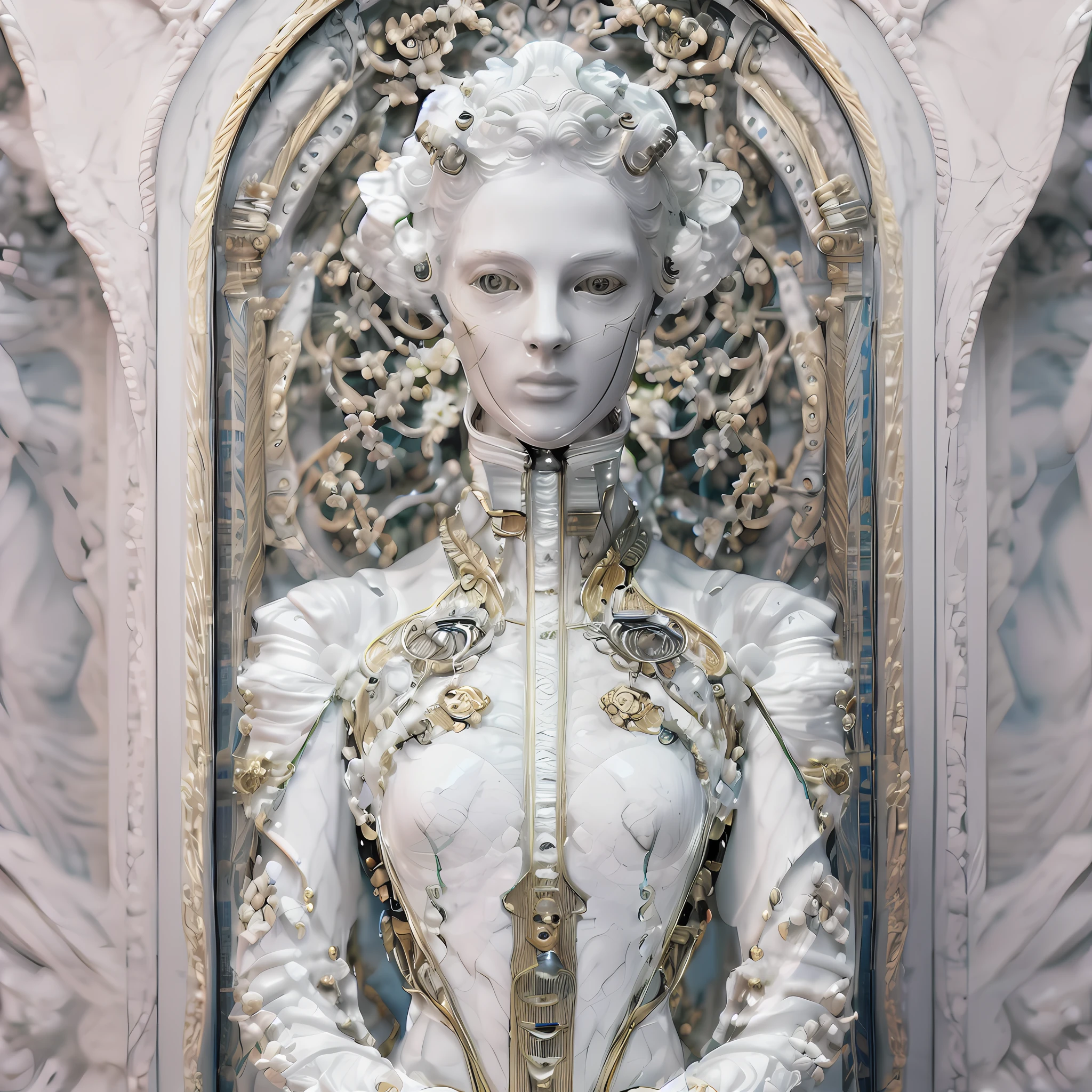 (((Beautiful))) symmetrical female android, with strong androgynous facial features, Face made and sculpted in fine porcelain with white marble, Baroque aesthetics and art deco clothing.