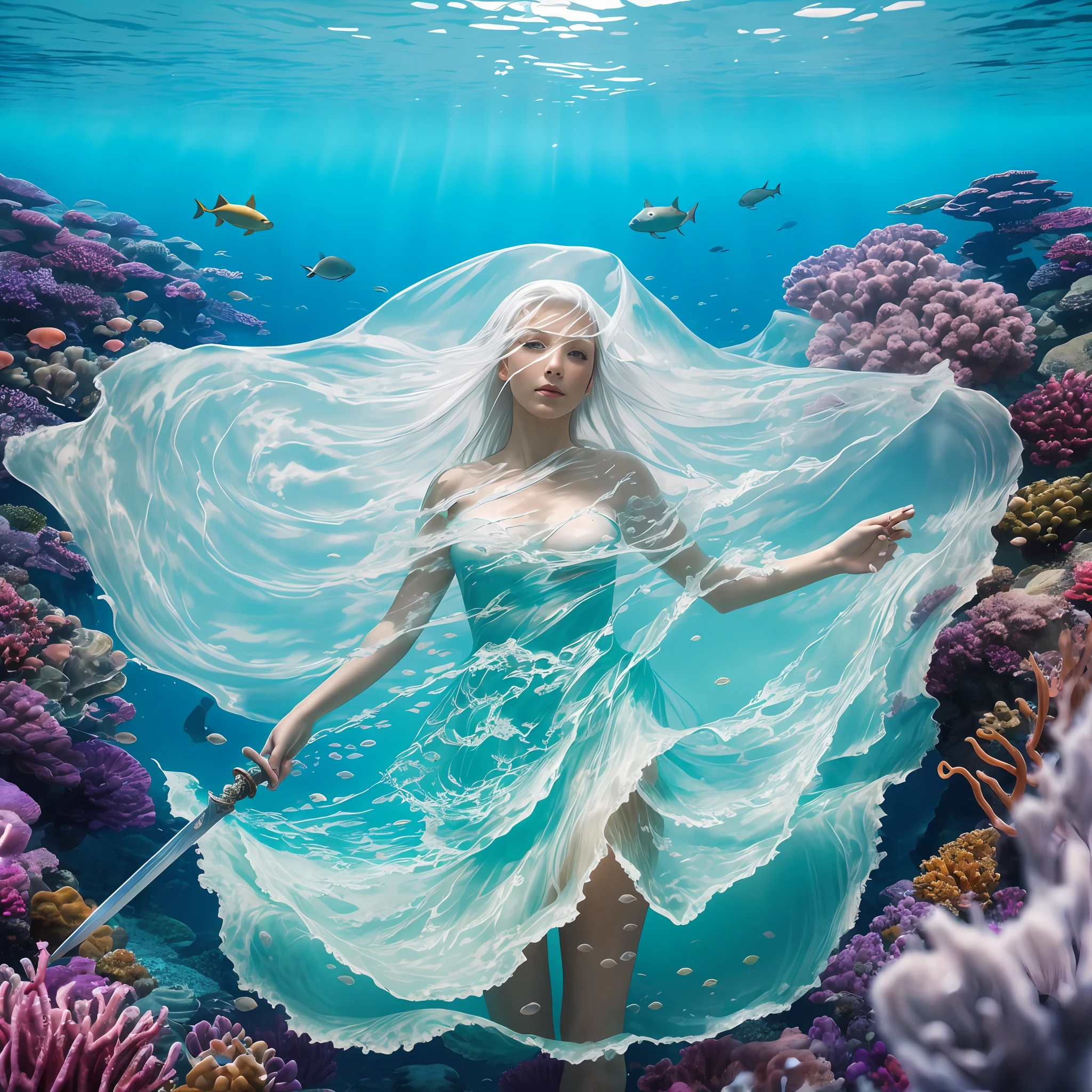 analog photography, 
european cute swordmaiden freediving!! grabs excalibur, deep abyss underwater, white water dress, floating long white hair, calm face, underwater flora, submarine fauna,
general view, ultra-wide angle, from below, volumetric fog, fov, wallpaper, detailed, small details, 8k hdr, vibrant colors, epic, vivid, photorealistic, magical, fantasy, blue_theme, sea
