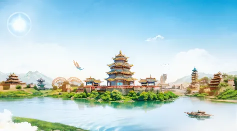 Celestial，Immortal Island，The realm of the sky，Blue-white tones，Sci-fi style，Ancient Chinese architecture National tide