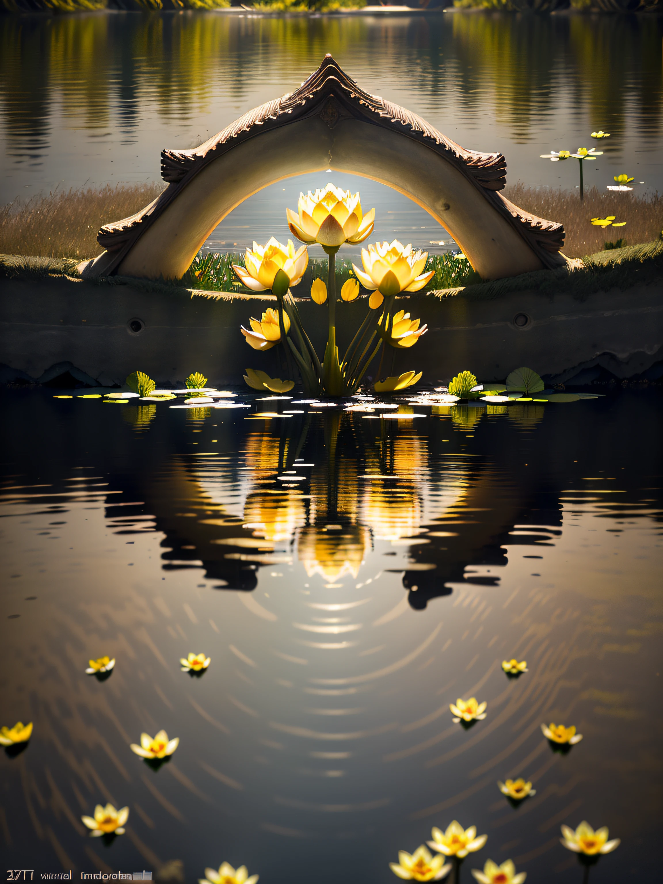 Summer pond， ponds， das boot， afternoon sunlight， Surrounded by lotus leaves， Pond background， depth of fields， scorching weather， high definition detail， Hyper-detailing， cinematic ligh， hyper realisitc， the soft light， Deep field focus bokeh， Ray traching， diffused reflections，（Ultrafine Glass Reflection）and surrealism