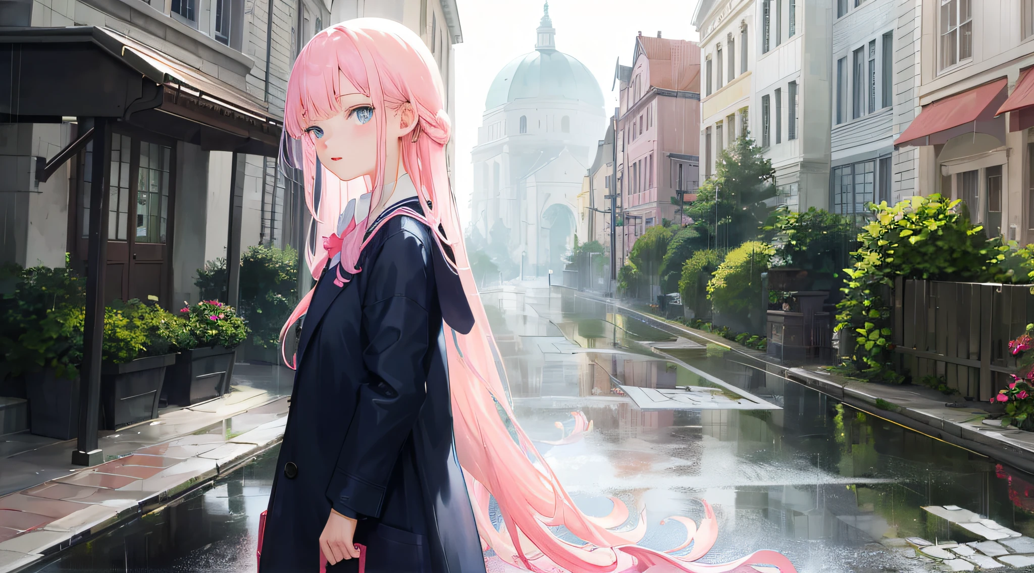 ((best quality)), (masterpiece:1.2),(delicate and beautiful girl), illustration,1girl,pink hair,very long hair,blue eyes,looking at viewer,rain,rainy day,raincoat, school uniform,towncar,street,traffic light,