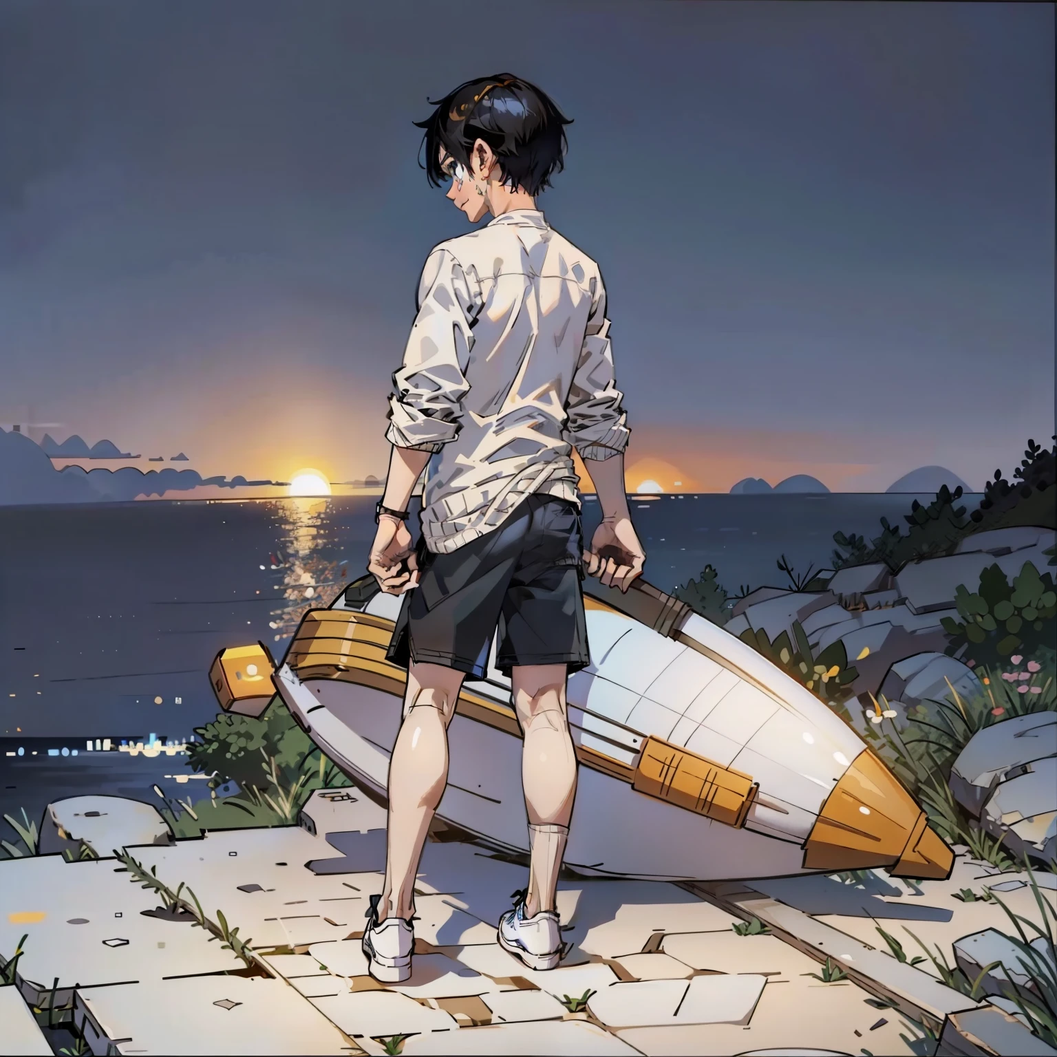 a sketch of an anime boy, black wavy hair, blue eyes, printed graphic sweater over white t-shirt, beige shirt, knee high socks, sneakers, (landscape, boy standing on a cliff, boy turned away from the camera), sunset, blue sunset, soft and warm lighting, aesthetic vibe, ((1boy)), ((solo, one guy, solo photo, alone)), (((turned back))), looking away from the camera