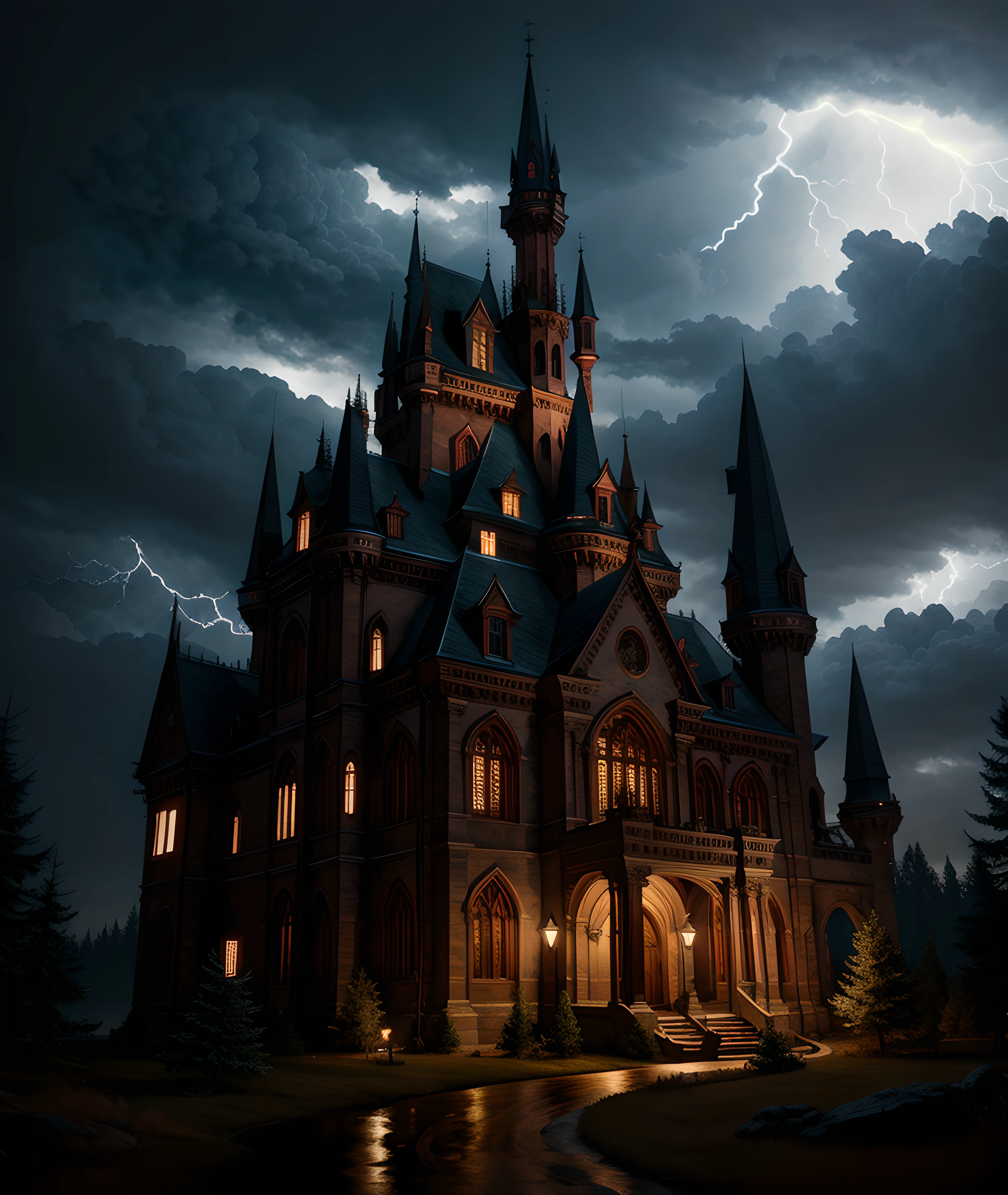 Masterpiece, extremely detailed, UHD 8k, octane render high detail, hyper-detail, create a castle dark and eerie it's very presence in the world strikes fear that there is something ethereal even evil in the world that is unexplainable, there is candlelight projecting an evil light, ominous, moonlight, mist, storm, lightning strike, forest surrounding, award winning photography, Photorealistic, volumetric lightning, subdued colors, darkness, dramatic lighting