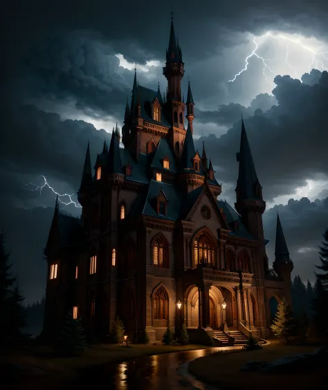 Masterpiece, extremely detailed, UHD 8k, octane render high detail, hyper-detail, create a castle dark and eerie it's very prese...