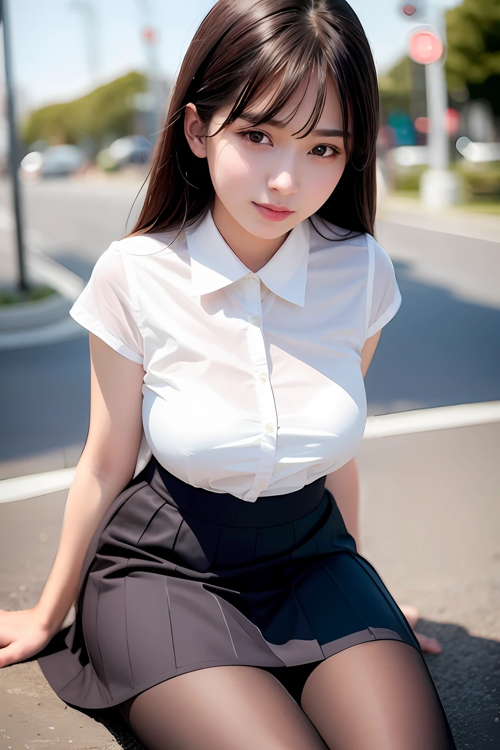 (Highly detailed CG unity 8k wallpaper), (Masterpiece), (Best Detail), (Best Detail), (Best Illustration), (Best Shadow), (Photorealistic:1.6), Real Human Skin, Lens Flare, Shade, Backlight, Bloom, Depth of Field, Natural Light, Hard Focus, Film Grain, Look Viewer, Asian, kpop idol:1.2, mix4 , 1 girl, 21 years old, solo, skinny, pale skin, soft lips, (thin eyebrows: 1.4), shiny brown eyes, black straight hair, small breasts, beautiful detailed sky, street (crowd: 1.2), night, (nose turns red), beautiful detailed eyes, white Japan school uniform, sailor suit, black pleated skirt, stockings, sneakers, happy, smile