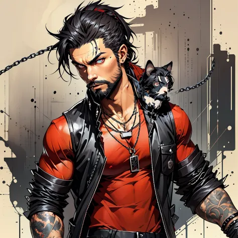 male, vampire, muscular, red shirt with rolled up sleeves and a black vest over the top, black ripped jeans, black leather boots...