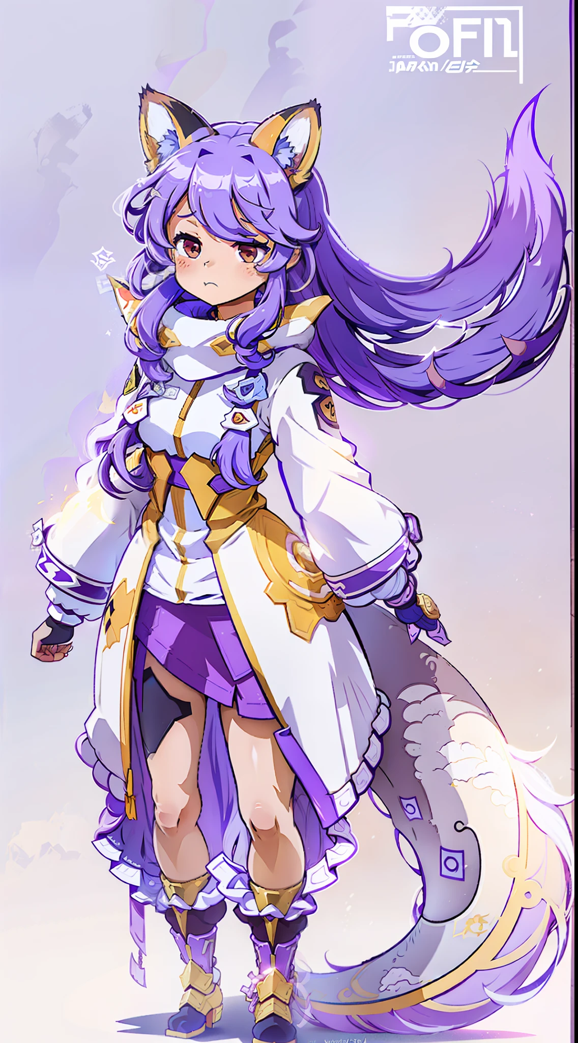 Fox ears、Fox tail、Purple hair、The long-haired、Long hair，parka、Jersey、gymnastic suit、Standing picture、Short、Lori、Gamine，fullllbody、Fantasy background、(((simple background)))、(((white backgrounid)))、((fullllbody))、((​masterpiece))、((Anime filling))、Anime Character、Moe Character