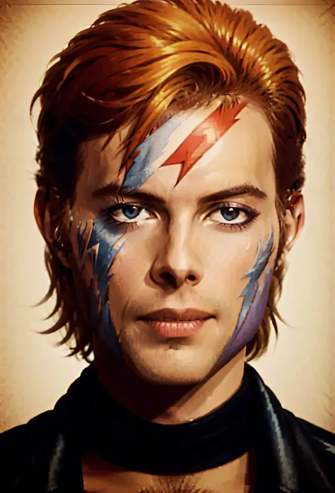 a close up of a man with a face painted with a lightning bolt, an anime portrait of david bowie, wearing war paint, roygbiv, dav...