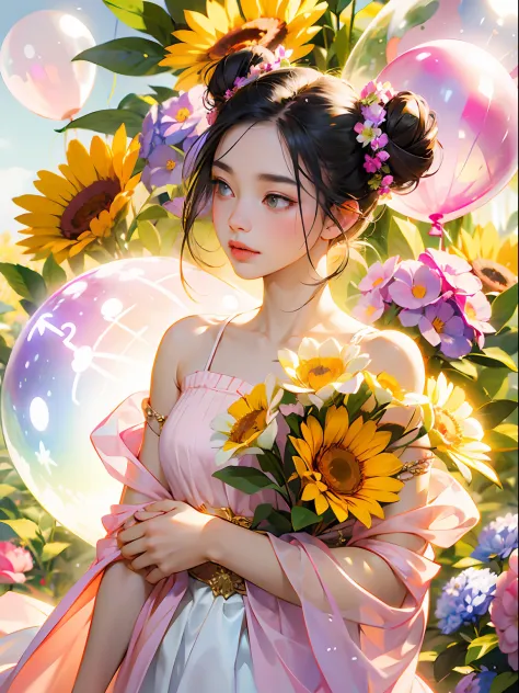 cute girly，pinkdress，Ethereal and dreamy style，Rendered in cinema4D，made of crystals，Balloon forest theme，fantasticcolors，detailed designs，Soft-focus portrait，dream magical，dream-state，flatchest，sweet，Bow knot，black hair, longeyelashes, solid circle eyes, ...