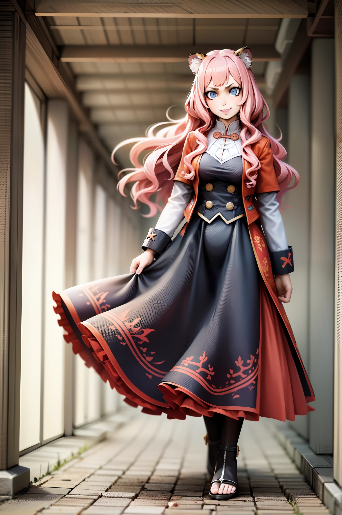, tiger ears, tiger tails, martial art, medium chest, pink hair, skirt, jacket, godess,1girl,coat,walking, solo focus.1character, holy catholic mountain,alone, full body, long skirt, smug smile, long skirt, victorian cloths, forest, portrait, victorian skirt,, flip flops, traditional chinese cloths,