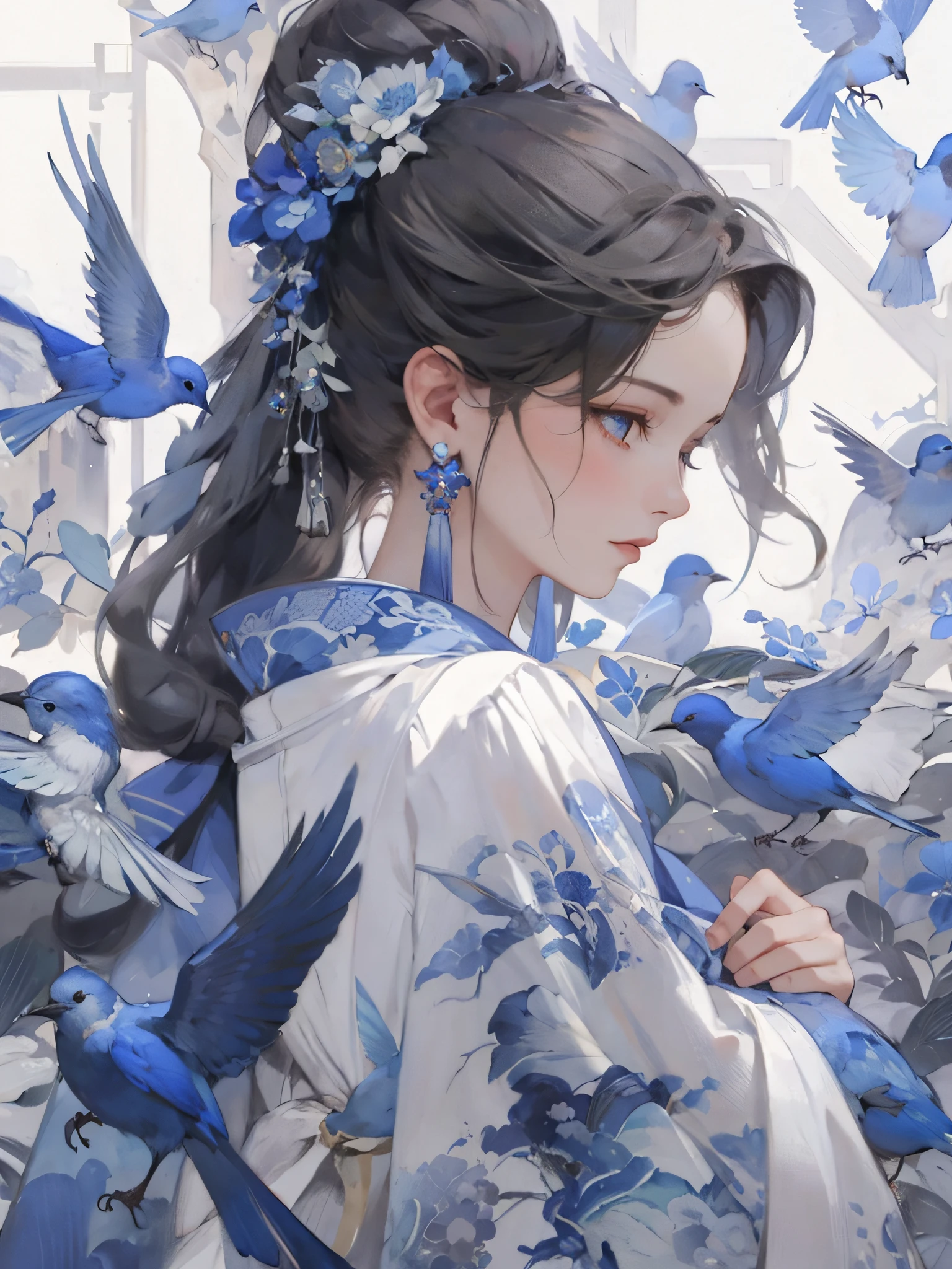 There was a woman with a bluebird stuck in her hair,Blue and white porcelain， Guviz, Guviz-style artwork, Palace ， A girl in Hanfu, by Yang J, by Ye Xin, Guweiz in Pixiv ArtStation, Guweiz on ArtStation Pixiv, author：Chen Lin, trending on cgstation, Beautiful digital artwork