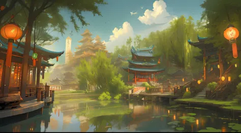 architecture, east asian architecture, scenery, lantern, pagoda, outdoors, sky, paper lantern, cloud, bird, building, tree, stan...