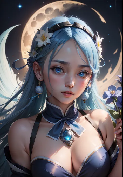 Moonlight background, blue hair, blue dress, holding flowers, virtual engine 5, 8K ultra clear wallpaper, face shape imitates Luo Tianyi, facial forehead with crescent moon, eyes shining
