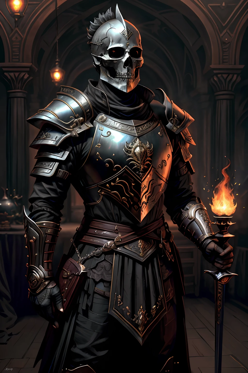 skeleton knight, White skull on display, without a helmet, ultra realisitic, wearing black shiny plate armor walking in a burning village, He uses a sword in one hand and a shield in the other, (intrikate: 1.4) (Masterpiece artwork: 1.4) (illustration: 1.4), red studio lighting, Post-processing, 8K resolution, darkness background, Stately , meticulously composed photos, impressive, ダークファンタジー (Por Greg Rutkowski: 1.2), (poke Daarken: 1.5)&Quot;