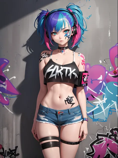 masterpiece, best quality, 1girl, solo, crop top, denim shorts, choker, (graffiti:1.5), paint splatter, arms behind back, against wall, looking at viewer, armband, thigh strap, paint on body, head tilt, bored, multicolored hair, aqua eyes, headset,