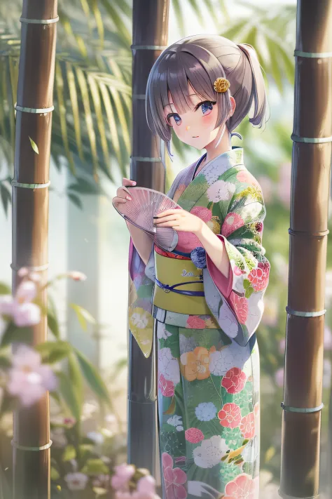 Japan Anime、Tanabata、Yukata girls、20yr old、folding fan、bamboo grass、veranda