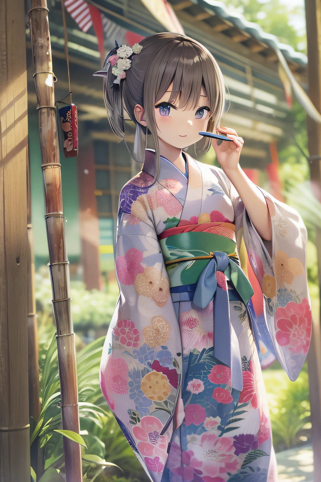 Anime japonês、Tanabata、Meninas Yukata、20 anos、leque dobrável、grama de bambu、varanda