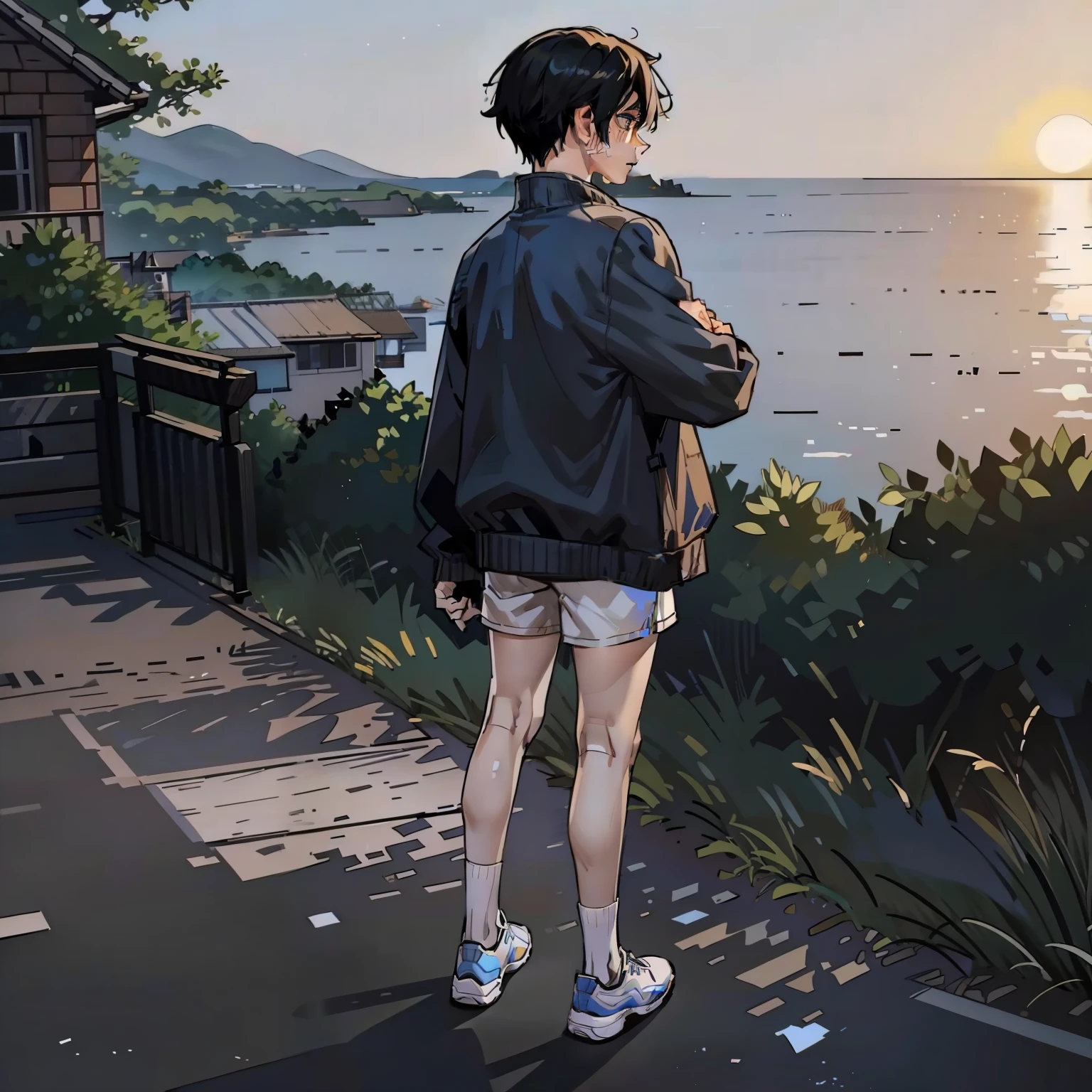 a sketch of an anime boy, black wavy hair, blue eyes, printed graphic sweater over white t-shirt, beige shirt, knee high socks, sneakers, (landscape, boy standing on a cliff, boy turned away from the camera), sunset, blue sunset, soft and warm lighting, aesthetic vibe, ((1boy)), ((solo, one guy, solo photo, alone)), (((turned back))), looking away from the camera