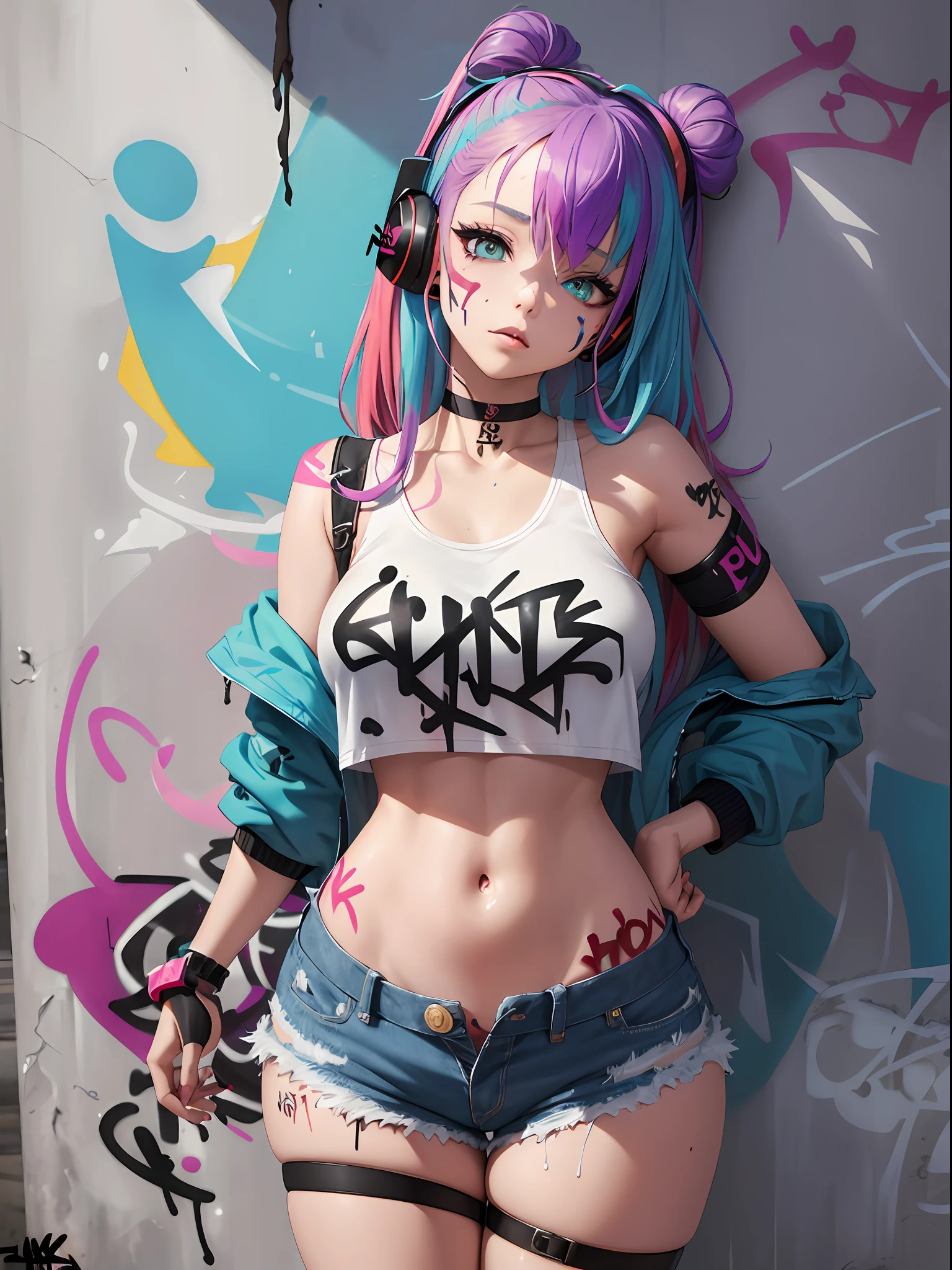 masterpiece, best quality, voluptuous 1girl, solo, crop top, denim shorts, choker, (graffiti:1.5), paint splatter, arms behind back, against wall, looking at viewer, armband, thigh strap, paint on body, head tilt, bored, multicolored hair, aqua eyes, headset,