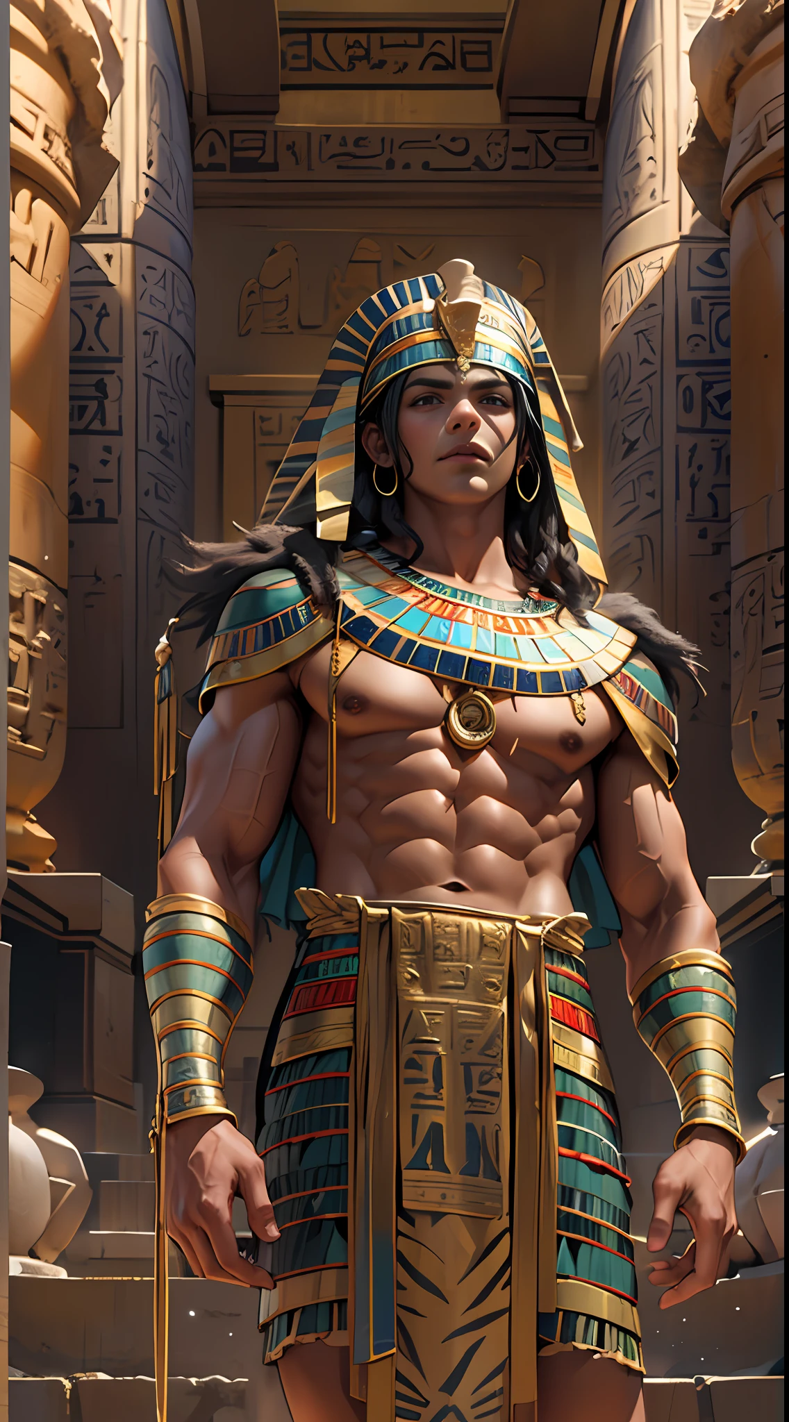 Powerful warrior, chest bared, lower body uncovered from thighs to feet, luxuriant long curls, meticulous muscle definition, photorealistic rendering, 4K resolution. Background: Ancient Egyptian temple complex,32k uhd, best quality, masterpiece, super detail, high details