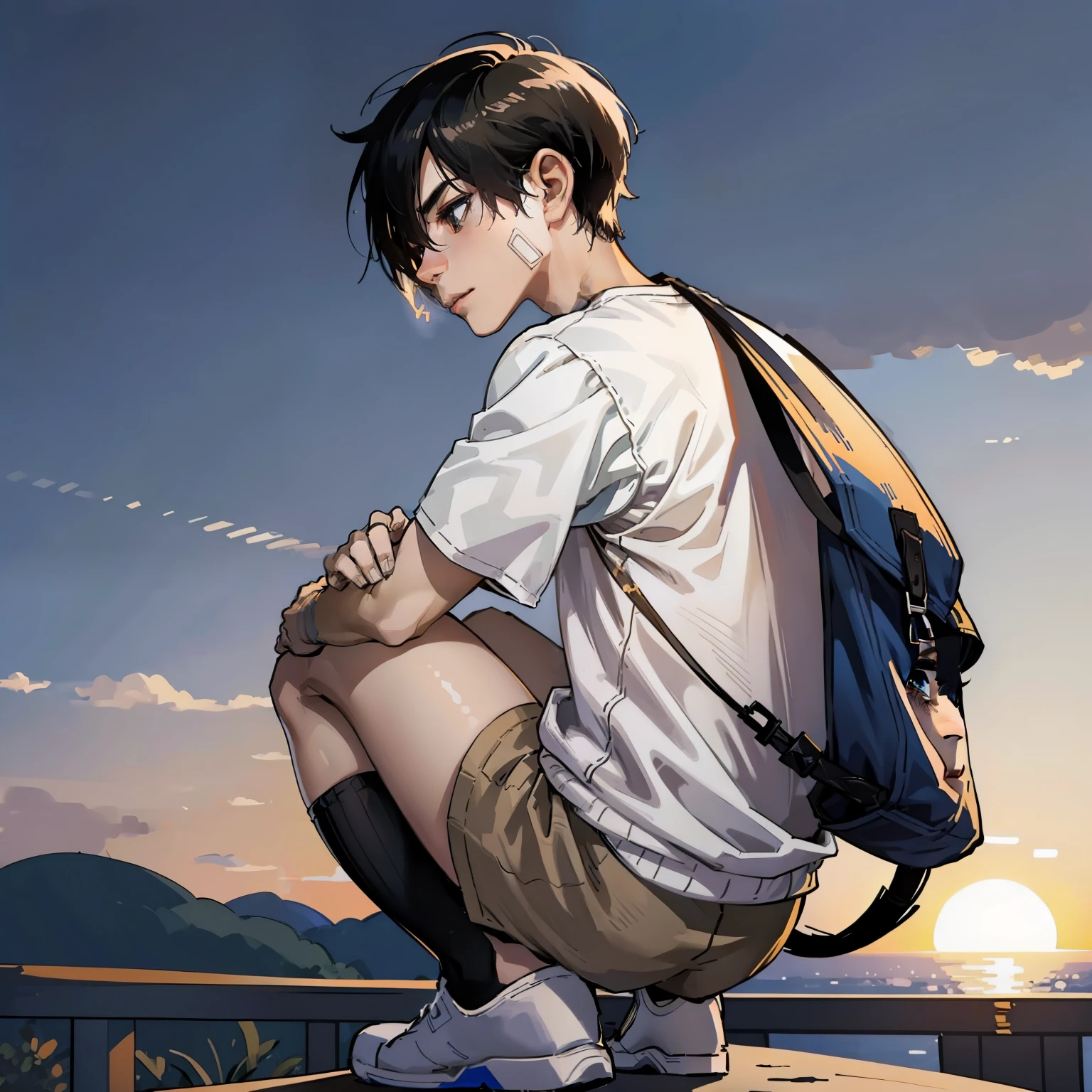 a sketch of an anime boy, black wavy hair, blue eyes, printed graphic sweater over white t-shirt, beige shirt, knee high socks, sneakers, (landscape, boy crouching overlooking the view, boy turned away from the camera), sunset, blue sunset, soft and warm lighting, aesthetic vibe, ((1boy)), ((solo, one guy, solo photo, alone)), (((turned back))), looking away from the camera