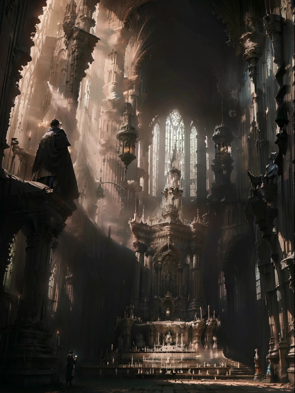 Die Ruinen einer großen Kathedrale, Gothic Style, Menschen knien und beten, Priester, staubige Umgebung, Schmutzig, filmischesLicht, sehr vorsichtig