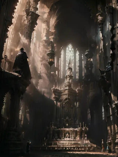 Las ruinas de una gran catedral, gothic style, Gente arrodillada rezando, Sacerdotes, ambiente polvoriento, sucio, cinematicligh...