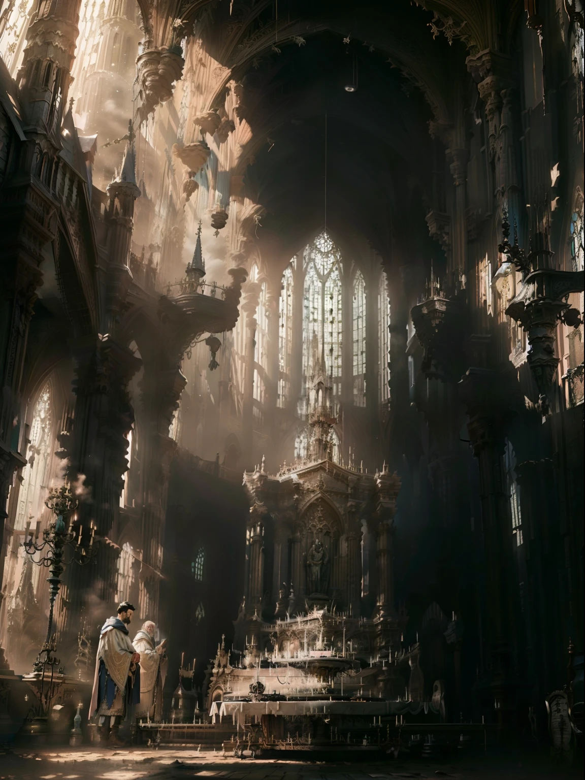 The ruins of a great cathedral, gothic style, People kneeling praying, Priests, dusty environment, dirty, cinematiclight, very careful