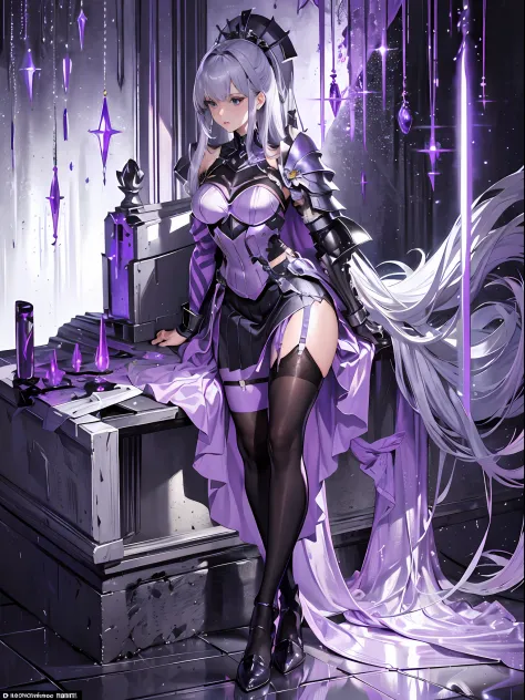 wear purple，heavy knight armor，wear a purple stand，large silver-toned shoulder pads，silver calf and knee armor，tall girl，real hu...