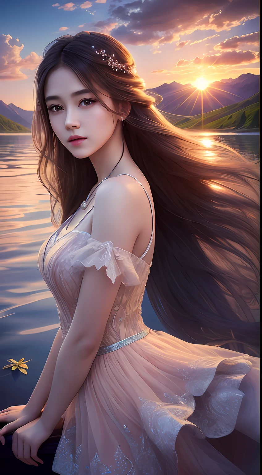 Best quality,Masterpiece,ultra-detailed high res,(Photorealistic:1.4),RAW photo,,illustration,1 girl, Serene expression, mesmerizing eyes, straight long hair, floating dress, poised posture, Porcelain skin, Subtle blush, crystal pendant BREAK, prime time, (rim lit):1.2, Warm tones, Sun flare, Soft shadows, Vibrant colors, painterly effect, dreamy atmosphere scenic lake, Distant mountains, willowy, Calm water, Reflection, Sunlit clouds, tranquil ambiance, Idyllic sunsets, Ultra detailed, offcial art, Unity 8k wallpaper,