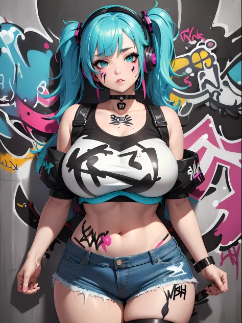 masterpiece, best quality, bbw girl, solo, crop top, denim shorts, choker, (graffiti:1.5), paint splatter, arms behind back, against wall, looking at viewer, armband, thigh strap, paint on body, head tilt, bored, multicolored hair, aqua eyes, headset,