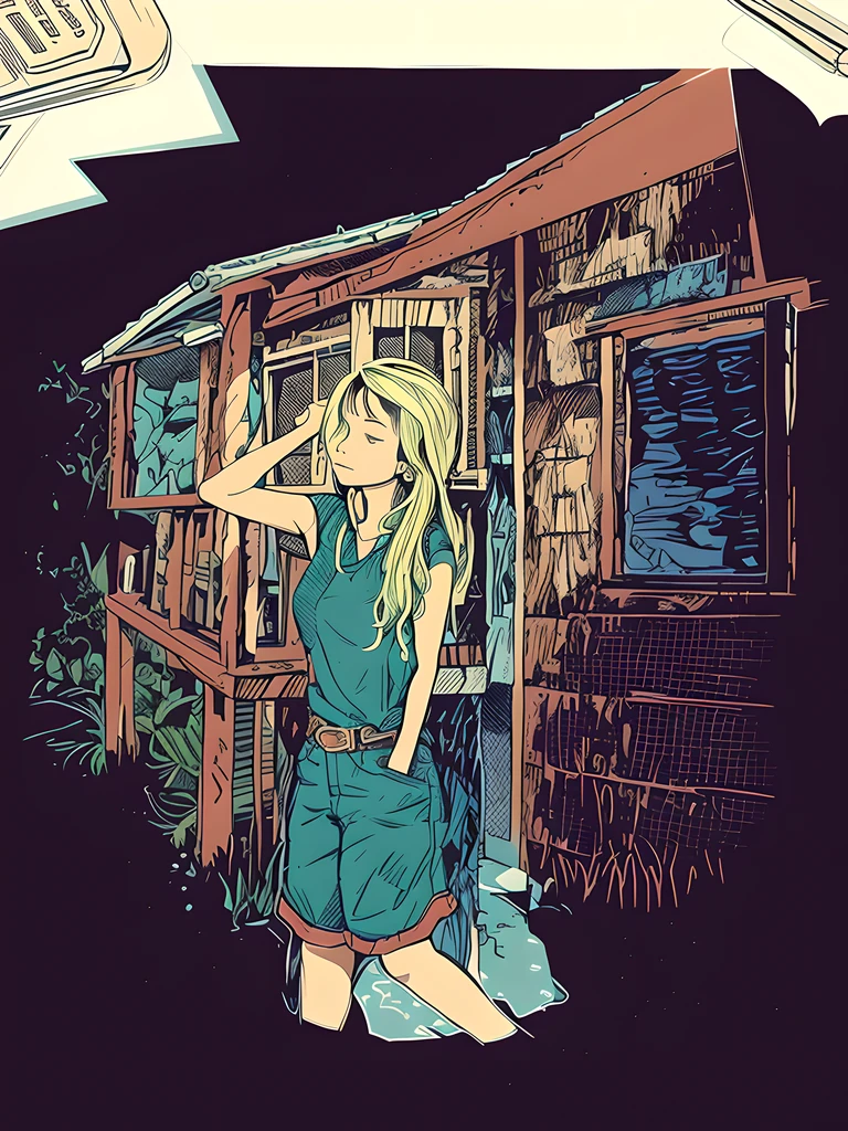 Painting of a woman standing in front of a house with a window, Standing outside the wooden house, in style of digital illustration, colored screentone, digitally colored, Manhwa Style, published art, coloured manga scan, rye. Comic book style, Stylized digital illustration, inspired by Tim Doyle, style of graphic novel, comic digital art, drawn with photoshop