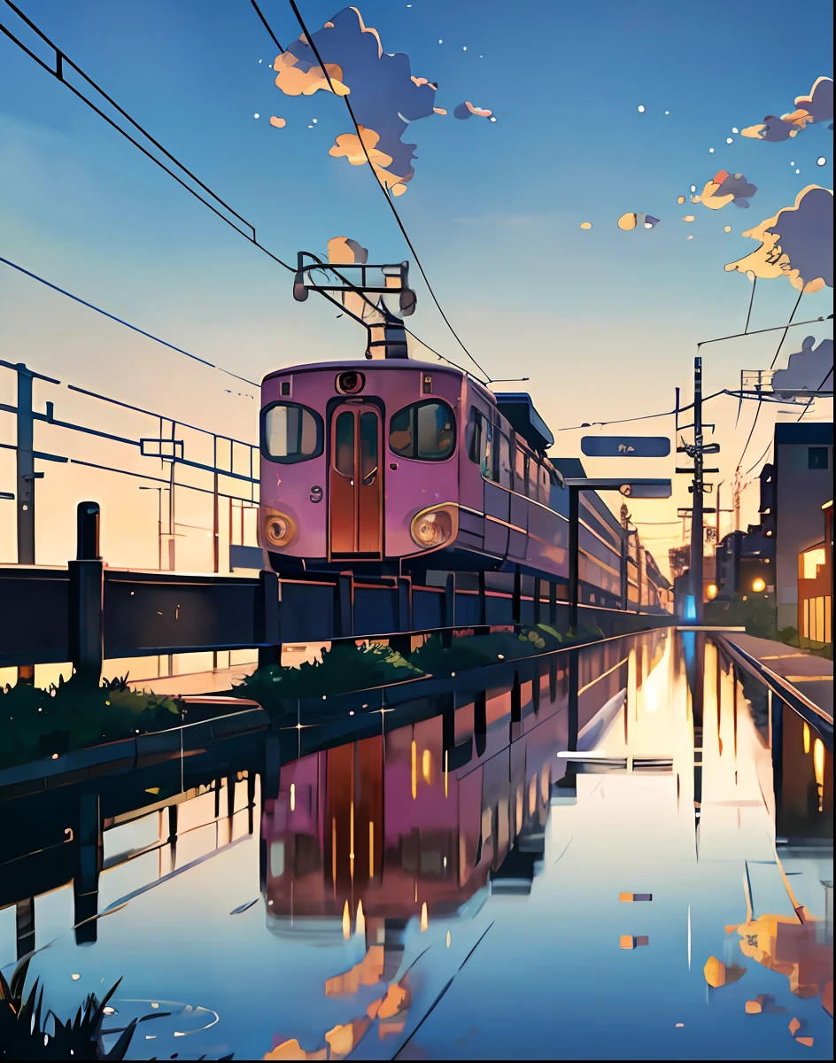 Anime train on tracks with reflection in water at dusk - SeaArt AI