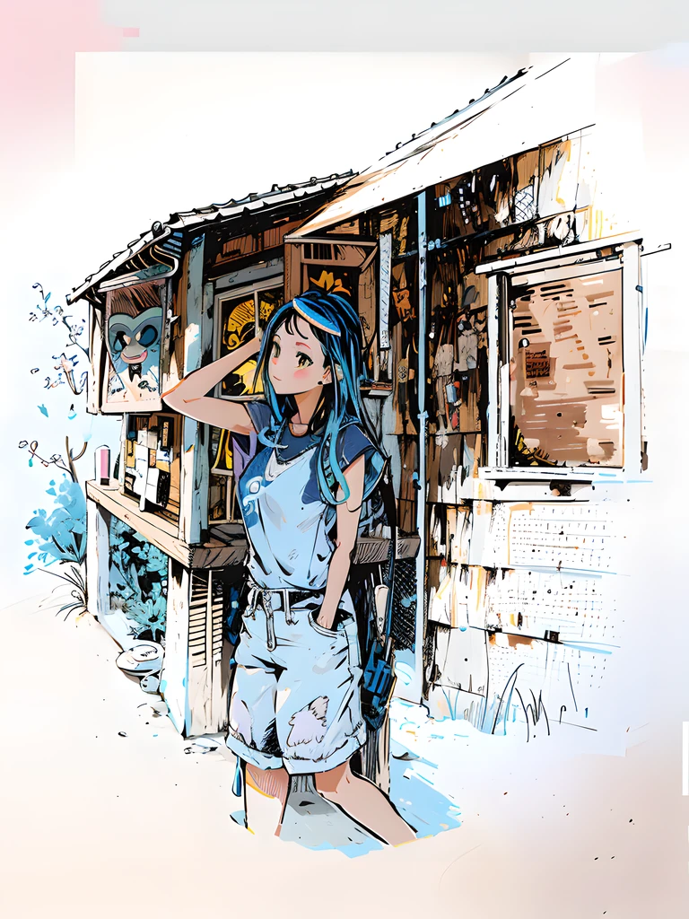 There was a woman standing outside a small building, in style of digital illustration, drawn with photoshop, Stylized digital illustration, Standing outside the wooden house, colored screentone, in style of digital painting, Mixed media style illustration, comic digital art, digitally colored, urban girl fanart, cartoon digital painting, high quality colorful sketch, full color digital illustration