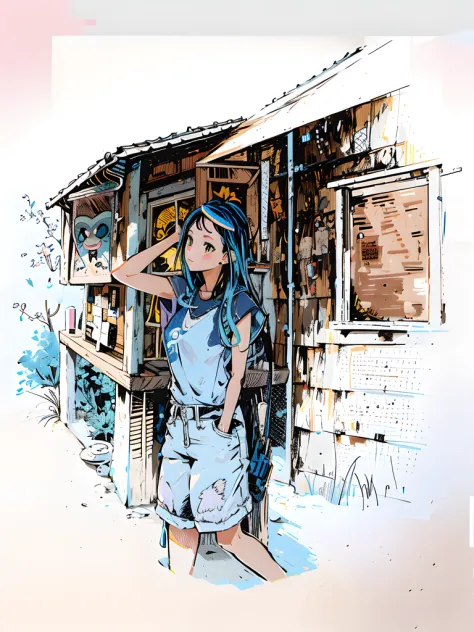 There was a woman standing outside a small building, in style of digital illustration, drawn with photoshop, Stylized digital il...