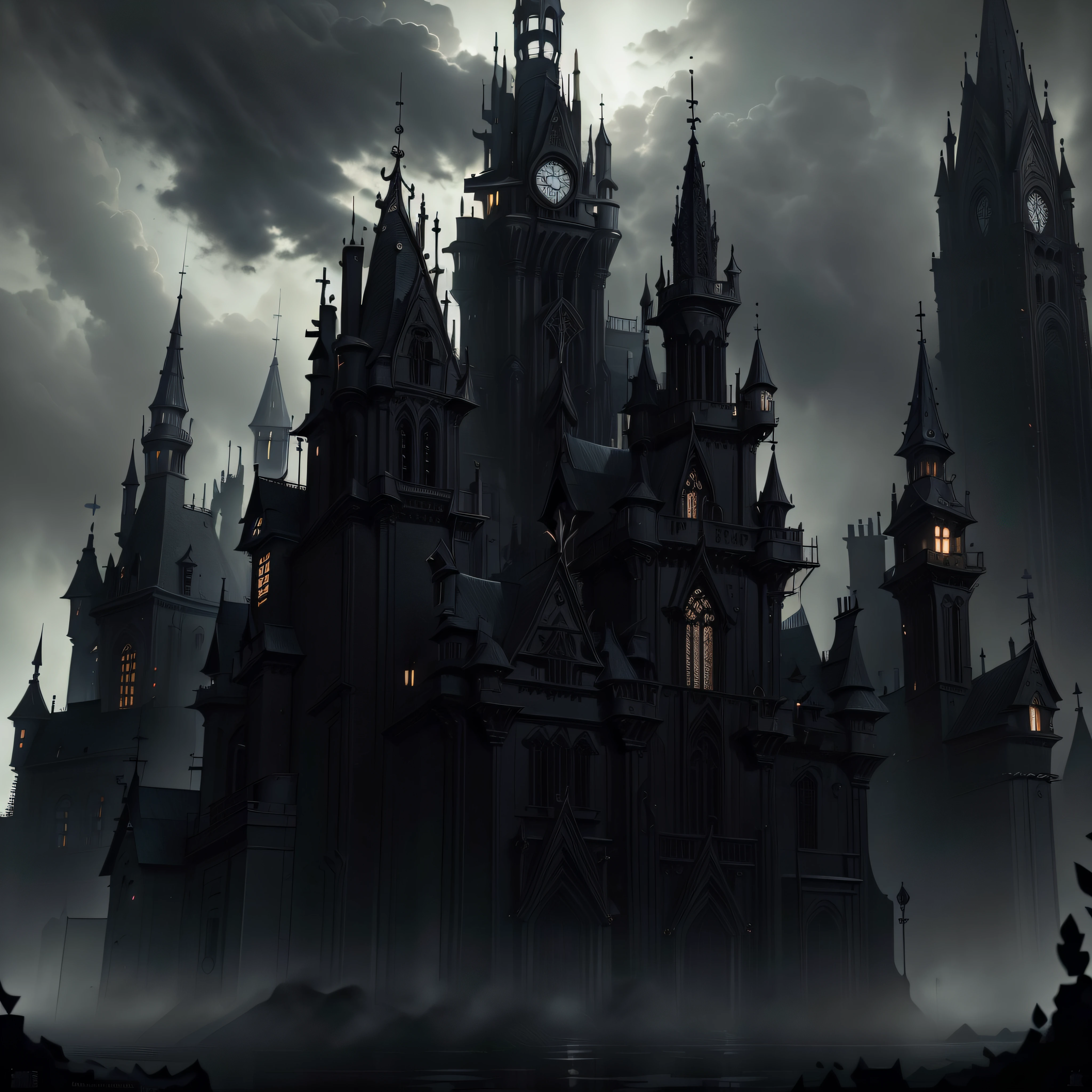 Grande castelo da Idade das Trevas, estilo gótico, Noite negra, croissant, iluminação, tema escuro, Corvos, Castelo de Gotham,QUEBRAR,detalhado,Realista,Arte digital altamente detalhada em 4k,eu faço octanagem, Bioluminescent, BREAK Arte conceitual de resolução 8K, Realismo,por Mappa studios,Obra de arte,melhor qualidade,arte oficial,ilustração,linha clara,(Sombrio_cor),Composição perfeita,absurdes, fantasia,focado,regra do terceiro, Fujicor, f/2.8, 35mm, cânone, premiado, melhor qualidade, alta resolução, 16K, Obra de arte, preciso, Obra de arte