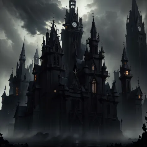 Great castle of the Dark Ages, Style gothique, Nuit noire, croissant, lightening, dark themed, Corbeaux, Gotham Castle,CASSER,De...