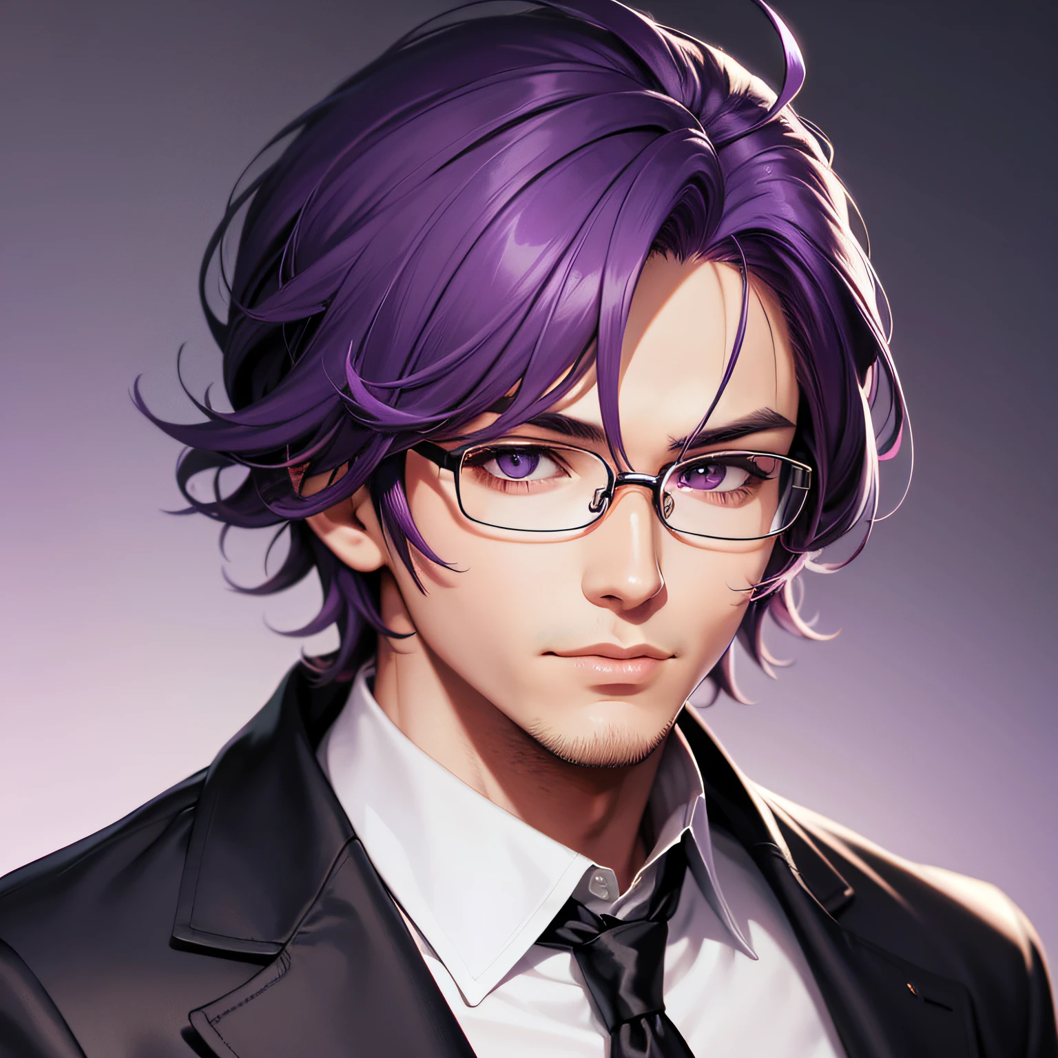 Anime guy with purple hair and glasses wearing a suit and tie - SeaArt AI