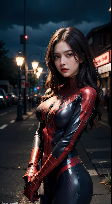 (wearing spiderwoman_cosplay_outfit:1.1), in front of a sky, 
good hand,4k, high-res, masterpiece, best quality, head:1.3,((Hass...