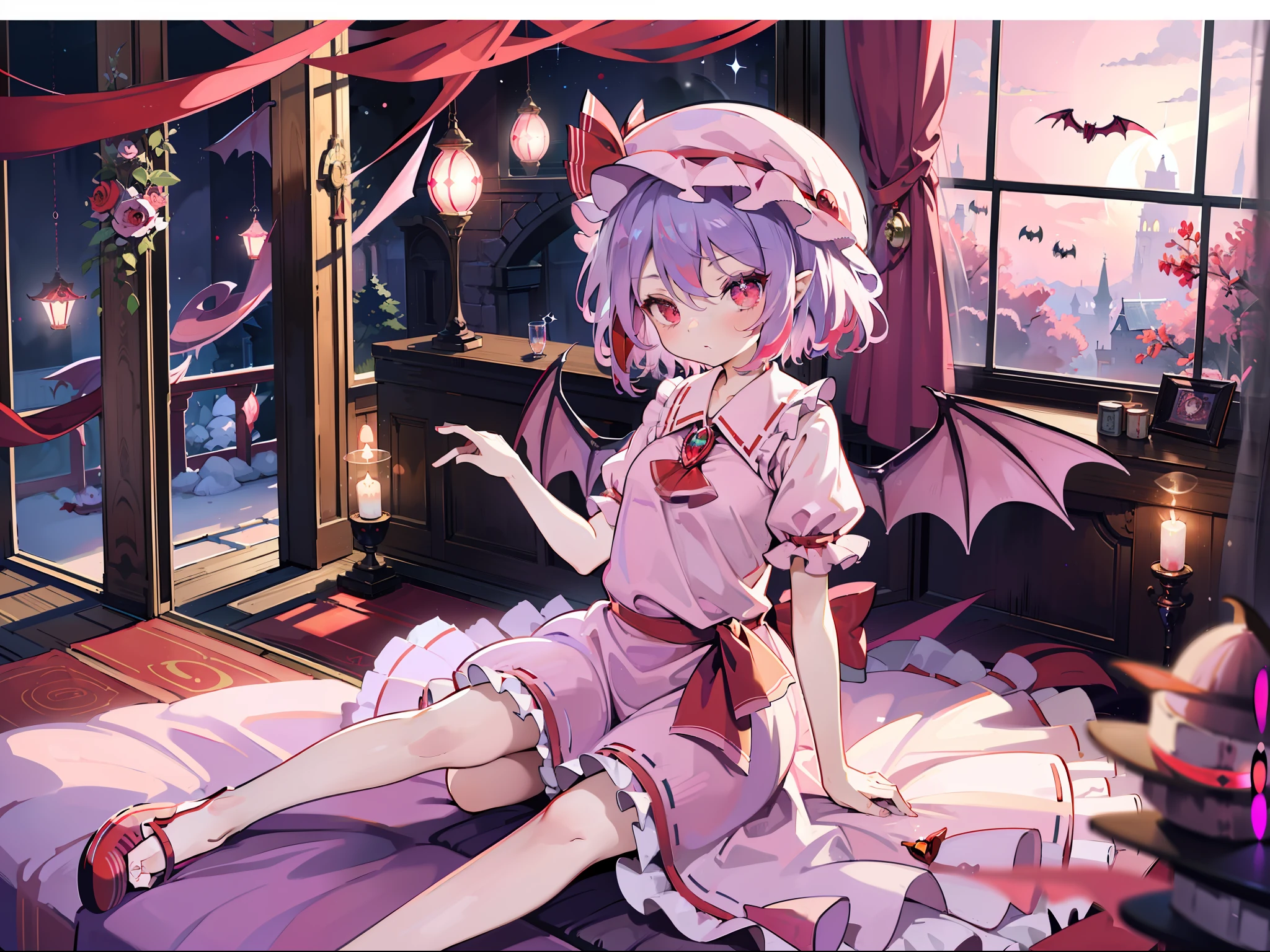 ((remilia scarlet))、Light purple shortcuts、Undulating shortcuts、Red eyes、Cats、Lustrous eyes、Light pink dress、frilld、Pink hat bat wings with red ribbon、sitting on、((remilia scarlet))、((Masterpiece Highest Quality:1.2))、(High resolution of the highest quality)、[[bad face]], [[Fused fingers]], [[[[multiple limbs]]]]