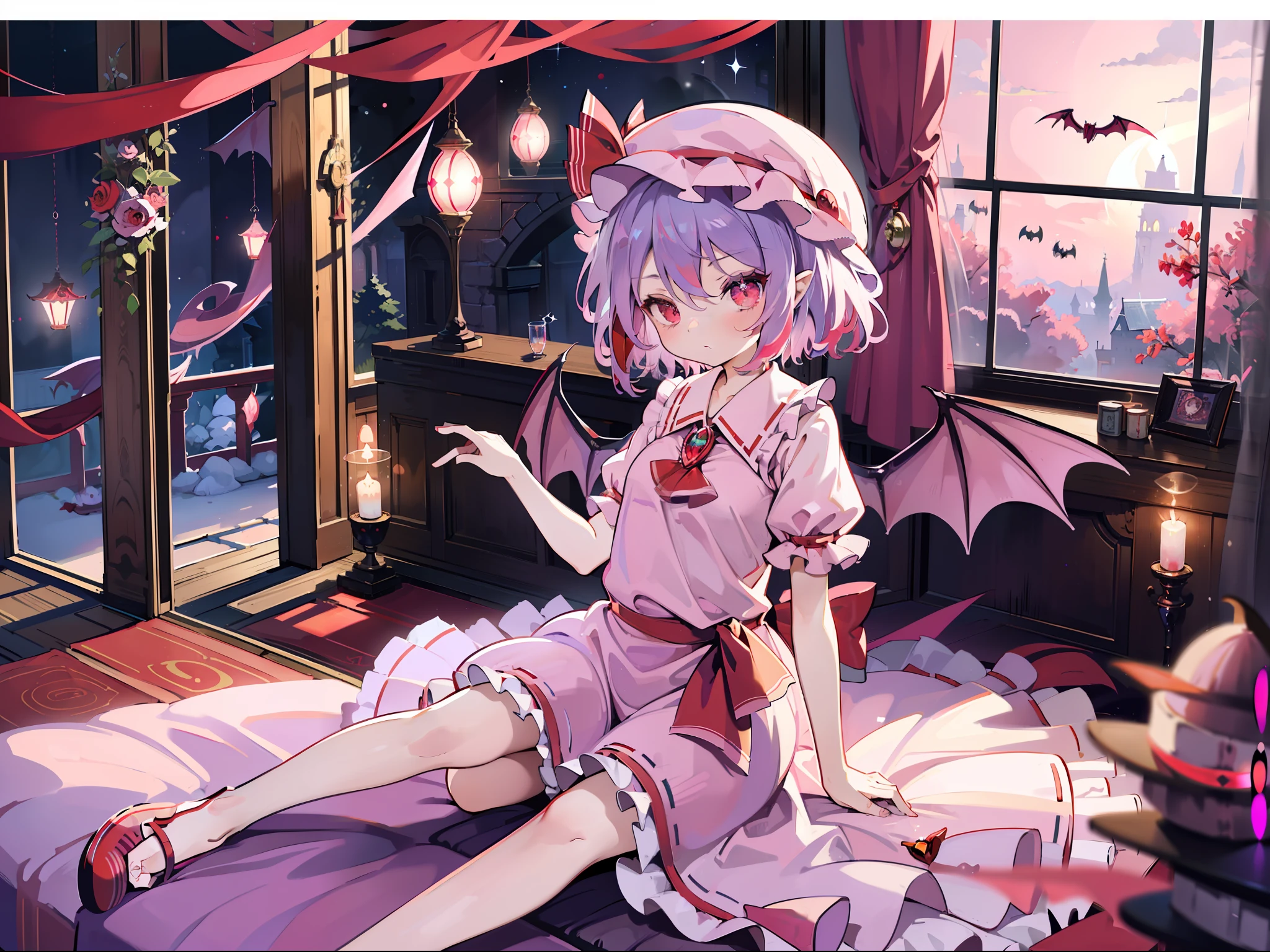 ((remilia scarlet))、Atajos de color púrpura claro、Atajos ondulados、ojos rojos、gatos、ojos brillantes、vestido rosa claro、volante、Sombrero rosa alas de murciélago con cinta roja、sentado en、((remilia scarlet))、((Obra maestra de la más alta calidad.:1.2))、(Alta resolución de la más alta calidad.)、[[bad face]], [[dedos fusionados]], [[[[múltiples extremidades]]]]