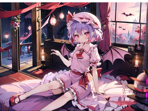 ((remilia scarlet))、Light purple shortcuts、Undulating shortcuts、Red eyes、Cats、Lustrous eyes、Light pink dress、frilld、Pink hat bat wings with red ribbon、sitting on、((remilia scarlet))、((Masterpiece Highest Quality:1.2))、(High resolution of the highest qualit...