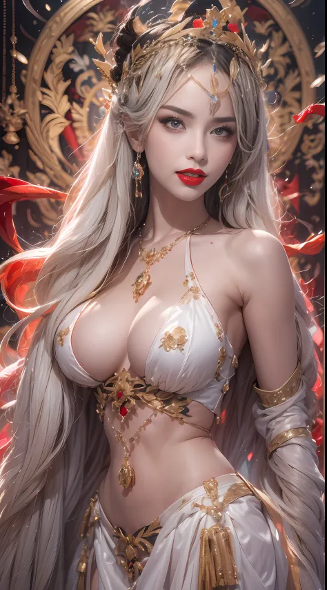 1 lustful beautiful saint having sex, showing off her topless breasts, beautiful face without blemishes, ((Natural smile:1.0)), ((flat bangs:1.2)), (((hairy hair): length): platinum:0.8 ))), big crown, hair brooch, hanfu dress, fanciful hanfu style, full b...