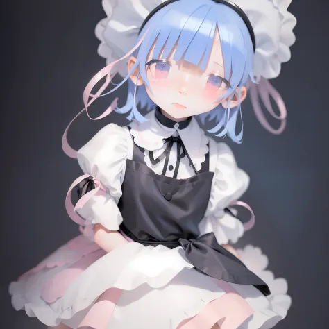 girl with、short-hair、braids、pastel blue hair、pastel pink hair、black maid clothes、crying expression、