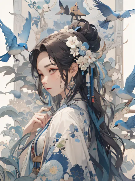 There was a woman with a bluebird stuck in her hair,Blue and white porcelain， Guviz, Guviz-style artwork, Palace ， A girl in Han...