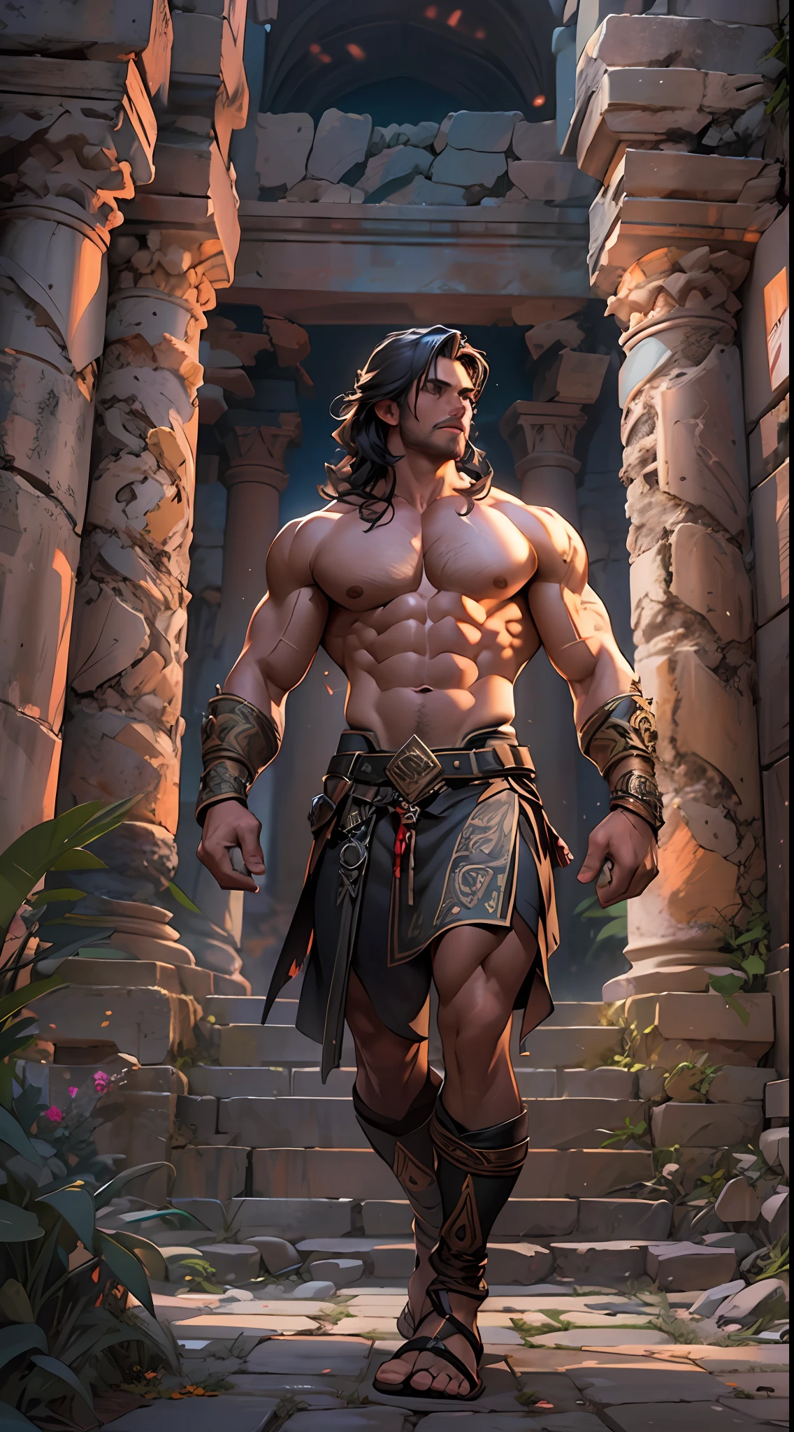 Ripped hero, shirtless upper body, legs revealed from thighs to feet, cascading long curls, intricate muscular details, photorealistic artwork, 4K resolution. Background: Mystic ancient ruins with glowing symbols,32k uhd, best quality, masterpiece, super detail, high details