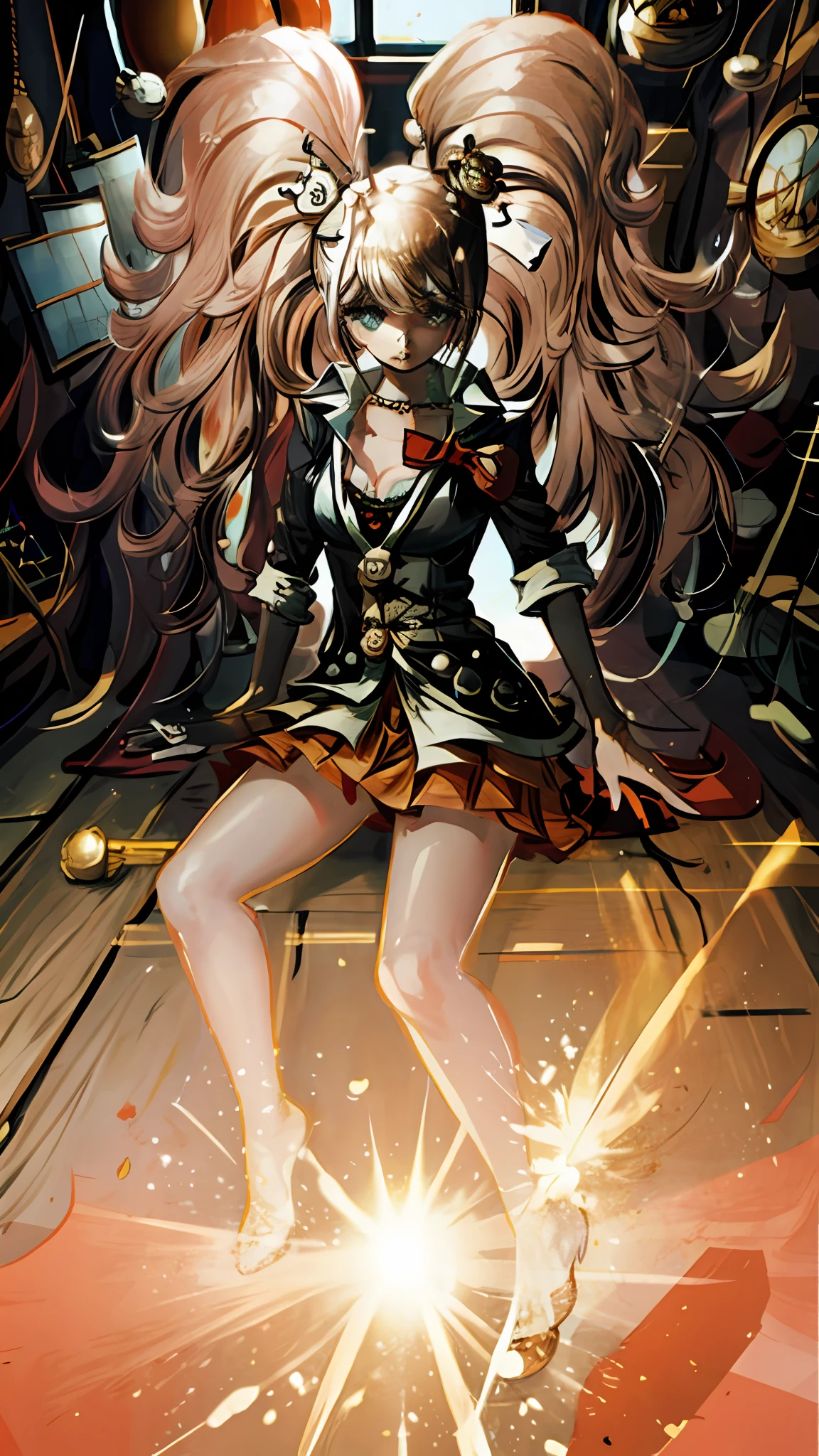 Junko Enoshima, Masterpiece, best quality, very detailed CG, complex details: 1.2, anime girl in the room, with a large round mirror, full body fairy, beautiful fantasy queen, katana zero video game character, Katshi Zero video game character from Genshin Impact, inspired by Japanese goddess Hongren, inspired by Ren Xiong, Onmyoji, full portrait of Elemental, Zhongli from Genshin Impact, anime goddess, Yunling