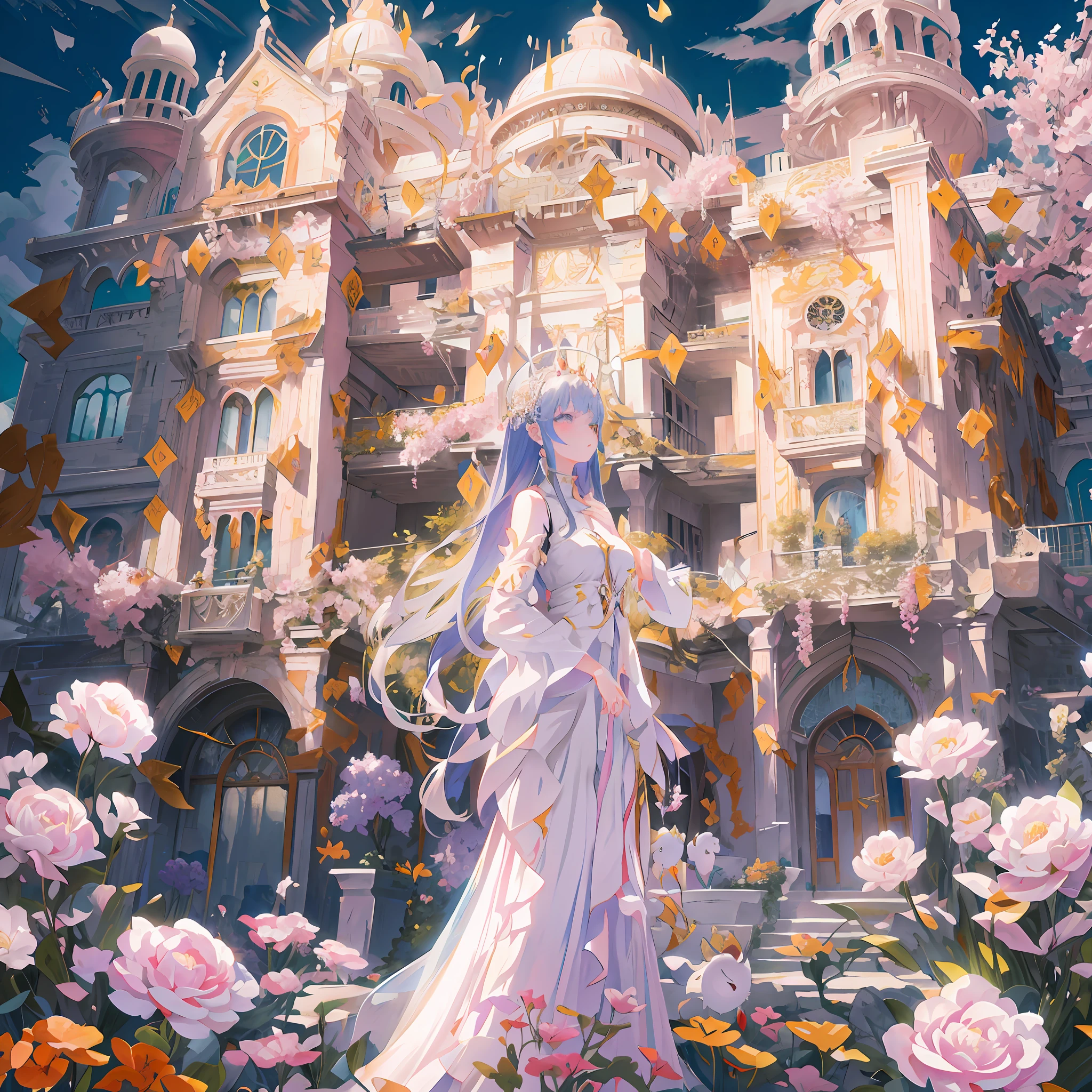 Anime girl in white dress standing in front of a castle - SeaArt AI